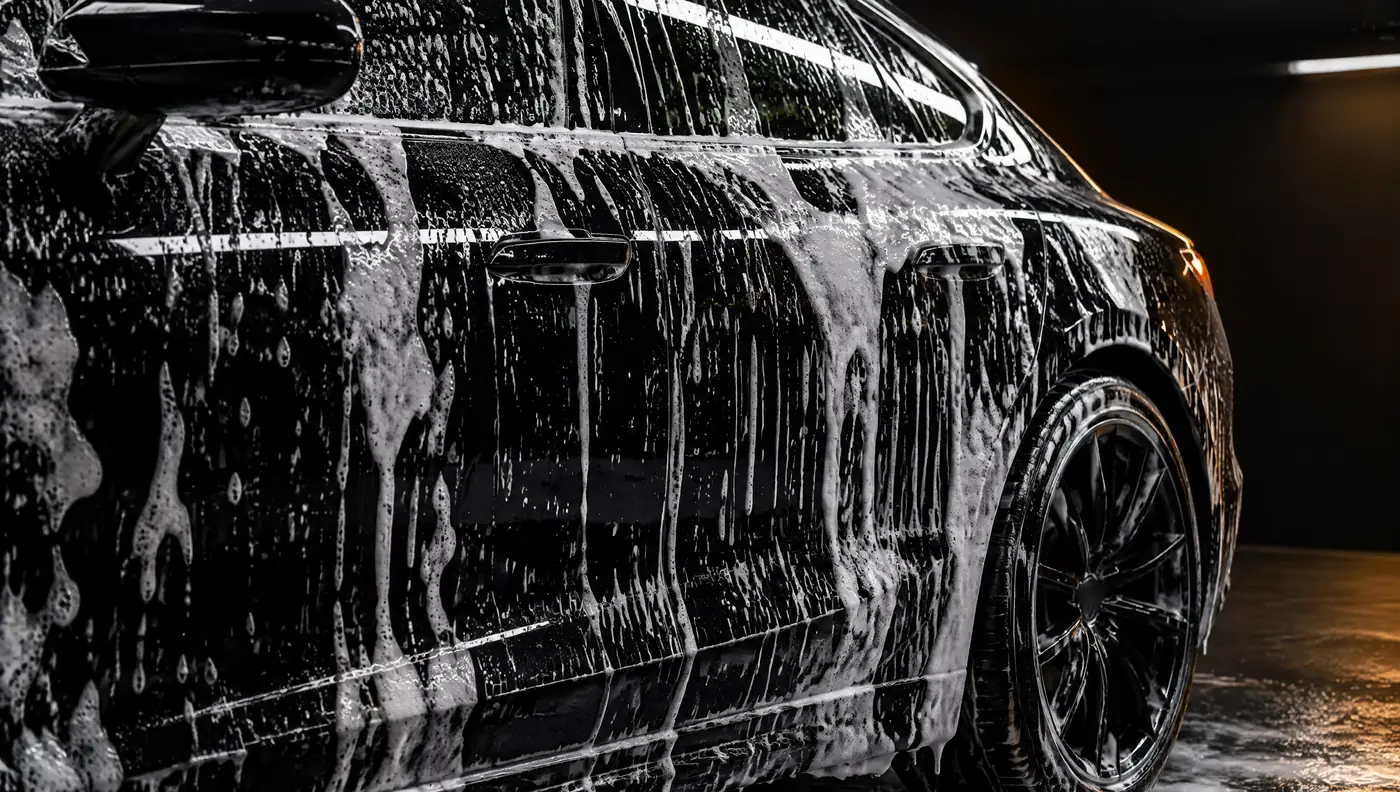 Illustration: wash foam on the door of a black car.