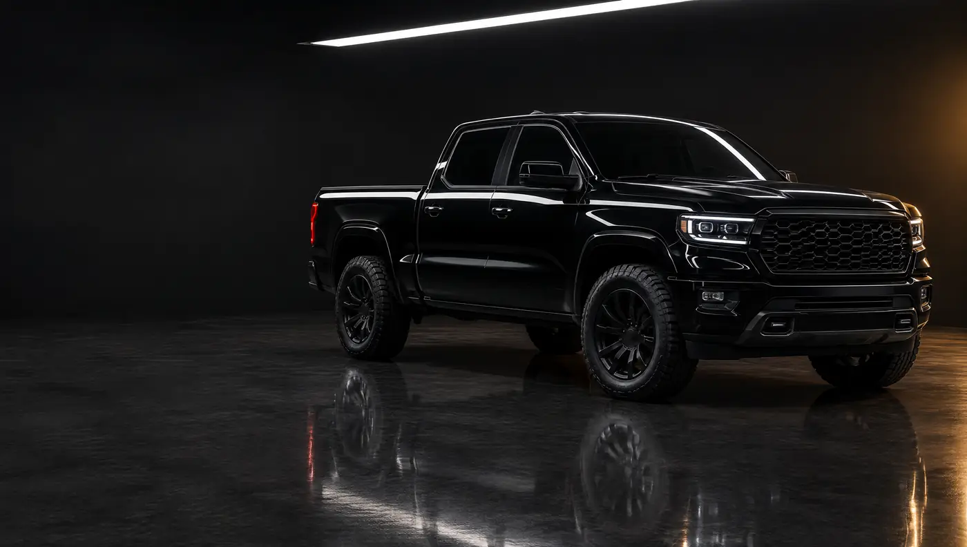 Illustration: a glossy black pickup in a dark studio.
